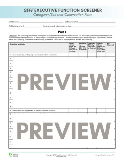 SEFF Executive Function Screener & Questionnaire (SEFF-Q):  Caregiver/Teacher Observation Version