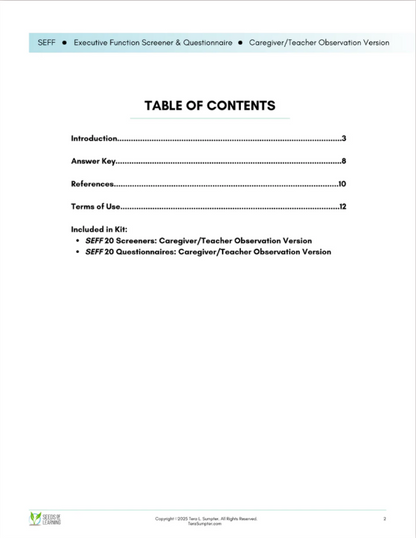 SEFF Executive Function Screener & Questionnaire (SEFF-Q):  Caregiver/Teacher Observation Version