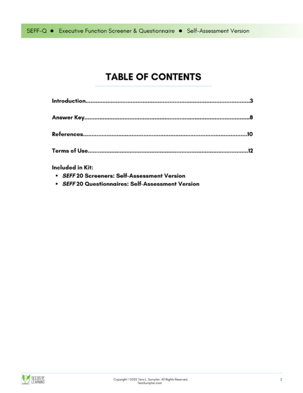 SEFF Executive Function Screener & Questionnaire: Self-Assessment Version