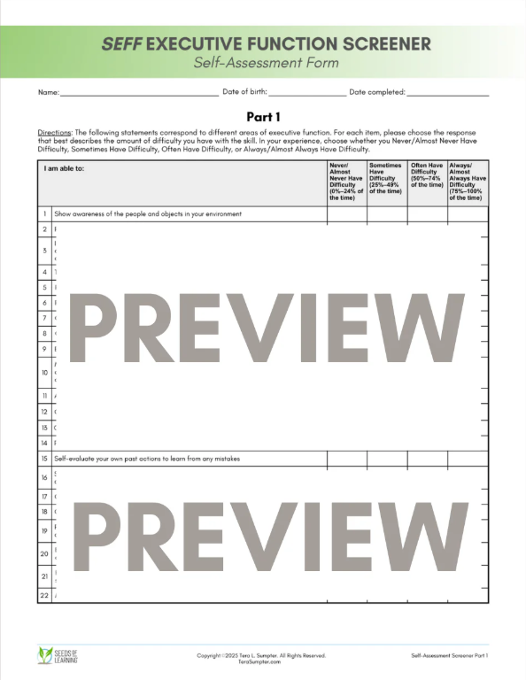 SEFF Executive Function Screener & Questionnaire: Self-Assessment Version