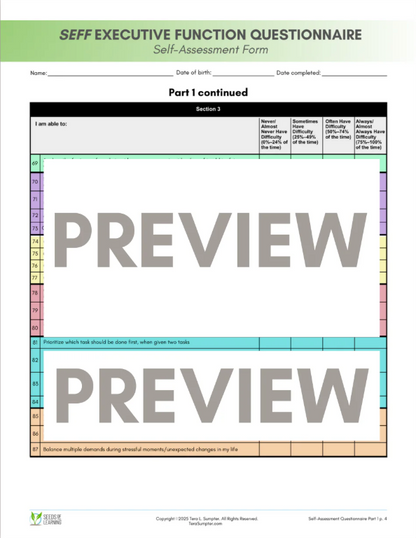SEFF Executive Function Screener & Questionnaire (SEFF-Q): Self-Assessment Version