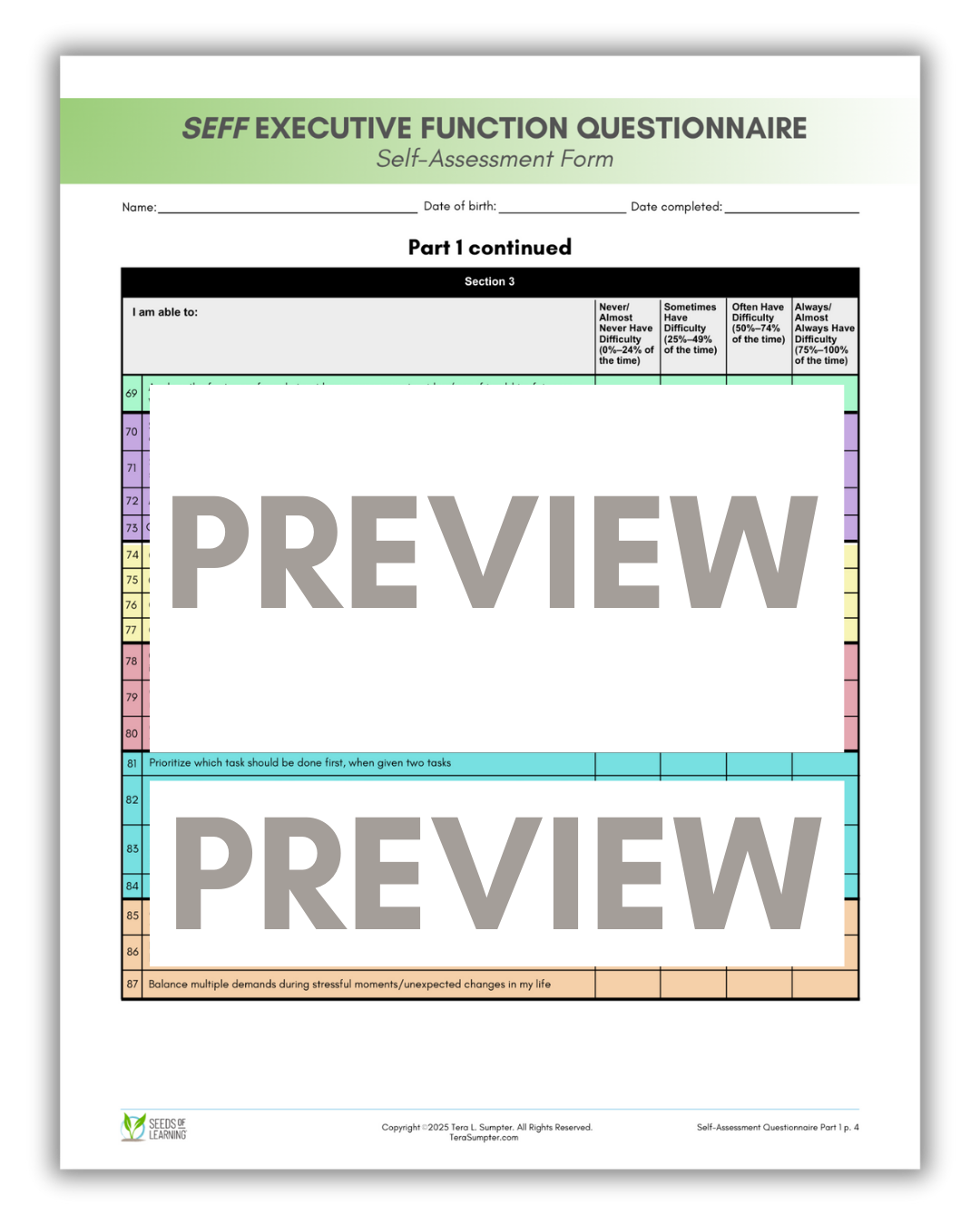Comprehensive Executive Function Inventory Multi Health SEFF Executive Function Screener & Questionnaire: Self-Assessment Vers ...