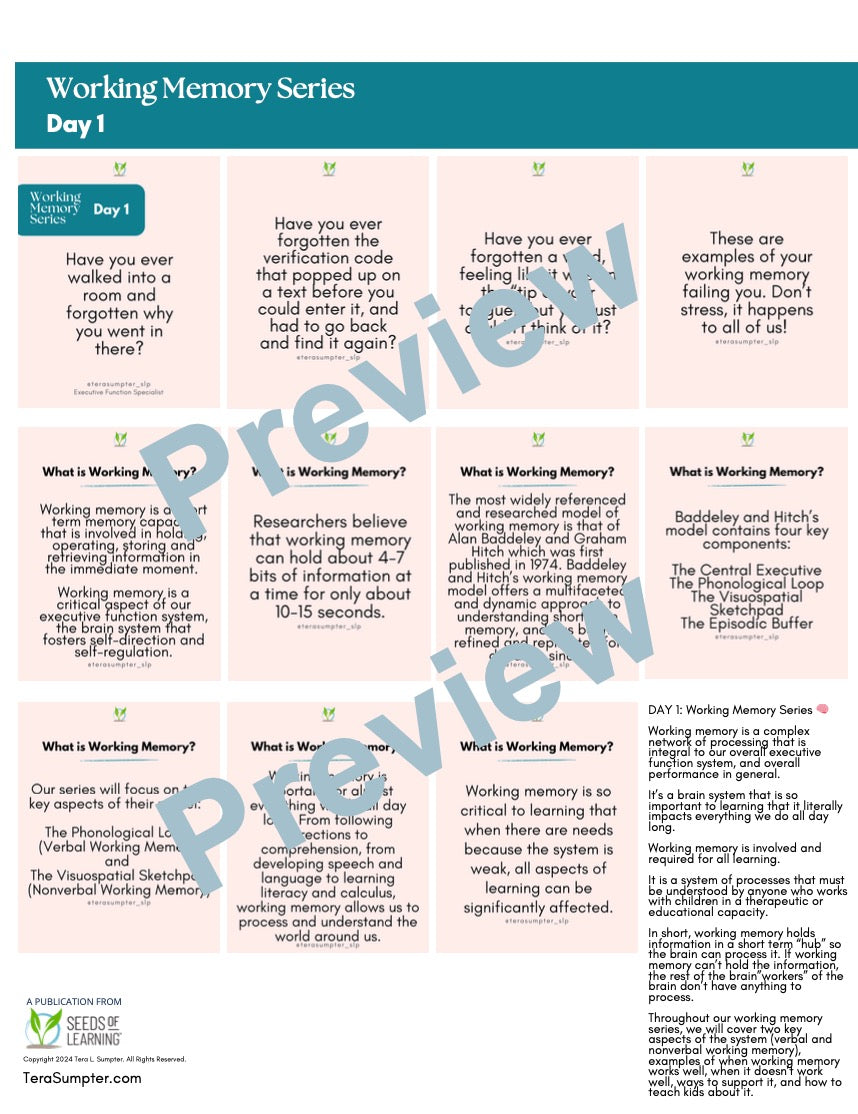 Working Memory Handout Digital Download